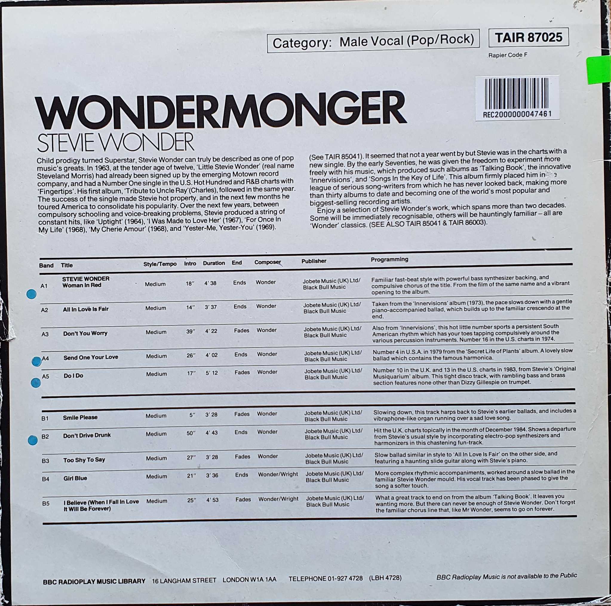 Picture of TAIR 87025 Wonder monger by artist Stevie Wonder from the BBC records and Tapes library